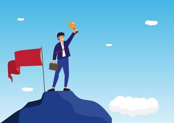 businessman-holding-up-a-gold-trophy-cup-with-success-flag-on-top-of-mountain-free-vector